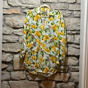 For Cynthia Beachwear Linen Tunic Top Coverup Lemons Small White Yellow